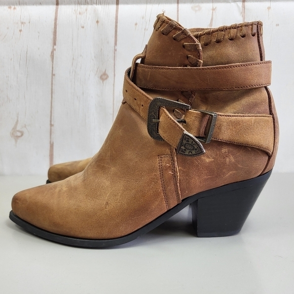 Dingo Western Boho 90's Leather Buckle Ankle Cowgirl Heeled Booties Brown 7M - Picture 1 of 16